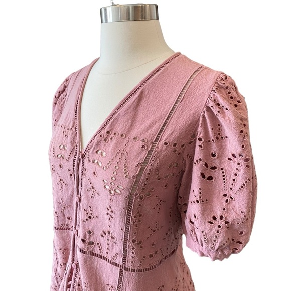 Eyelet Puff Sleeve Blouse Boho Feminine Liv Los Angeles Blush Mauve Pink - Picture 4 of 9